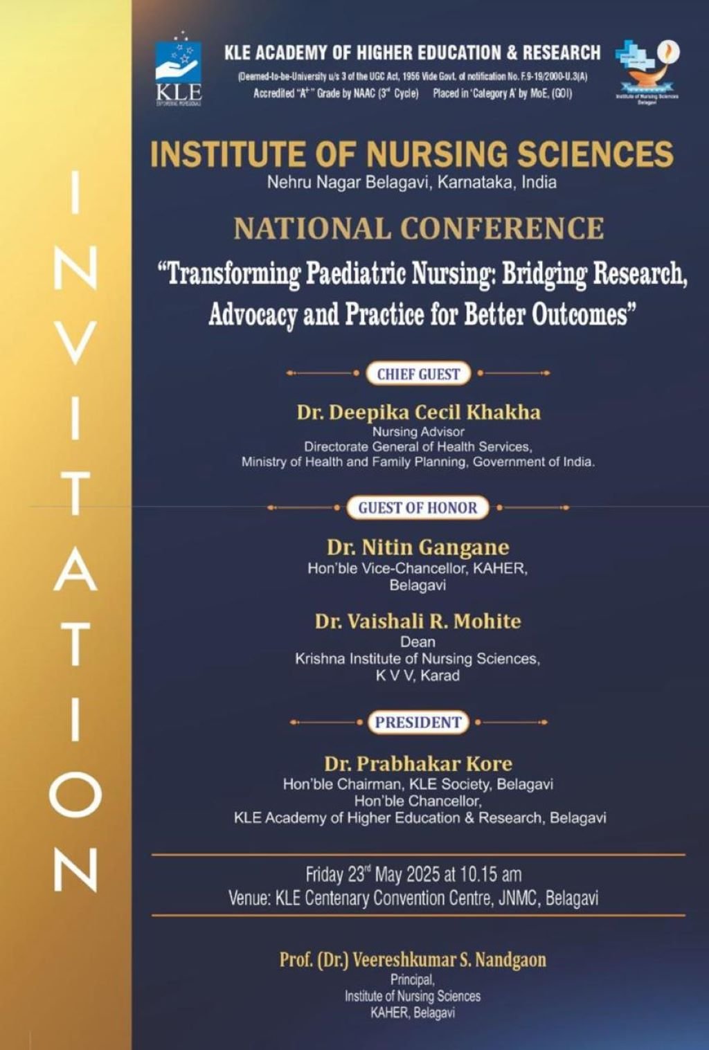 Invitation Guest of Honor National Conf. KLE, Belgavi 23.05.2025