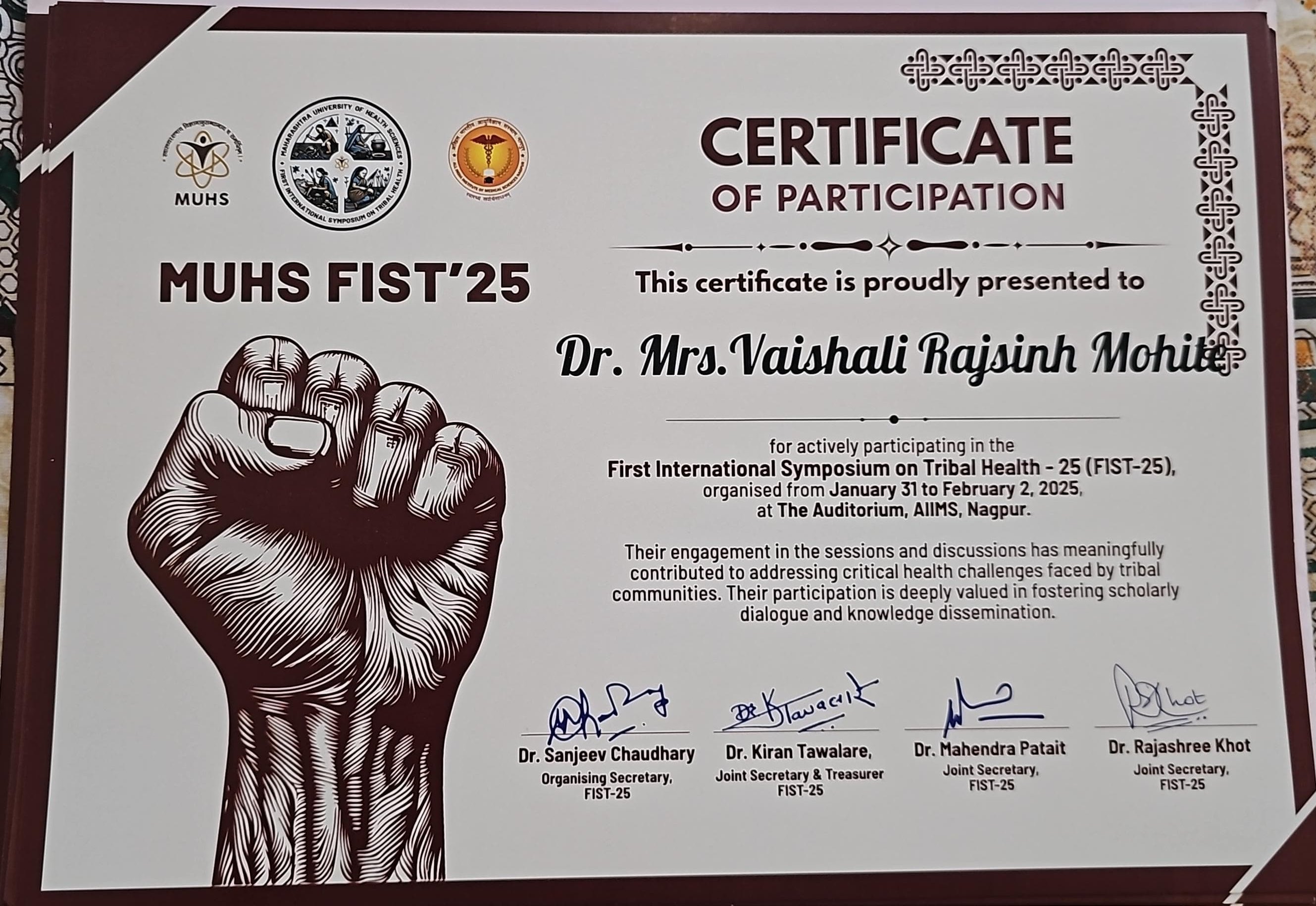 MUHS Fist Certificate Jan-Feb 2025